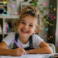 bambina sorridente seduta al tavolo con ghirigori tutti intorno