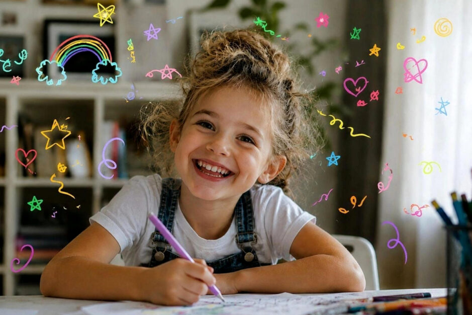 bambina sorridente seduta al tavolo con ghirigori tutti intorno