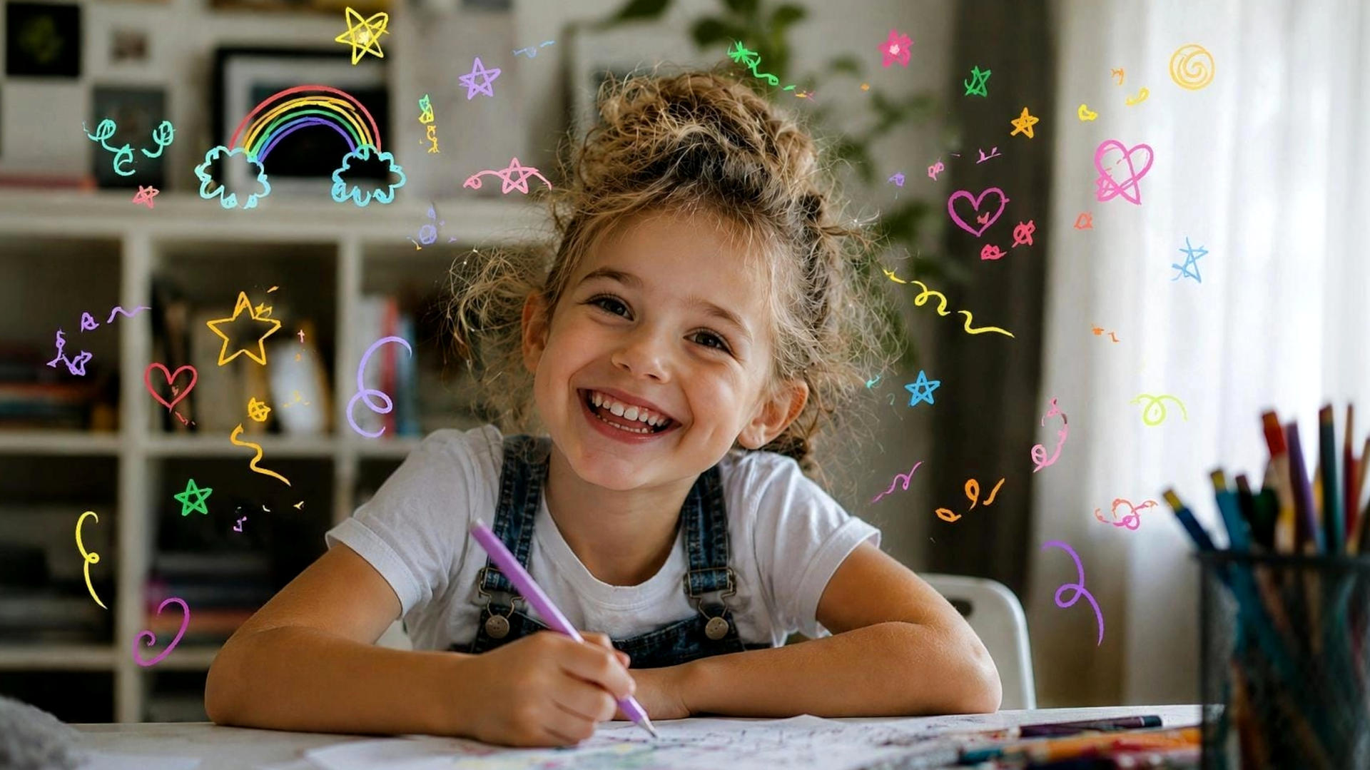 bambina sorridente seduta al tavolo con ghirigori tutti intorno