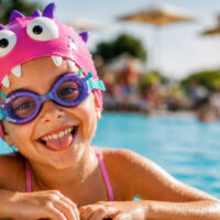 bambina buffa sorridente a bordo piscina