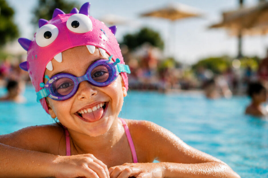 bambina buffa sorridente a bordo piscina
