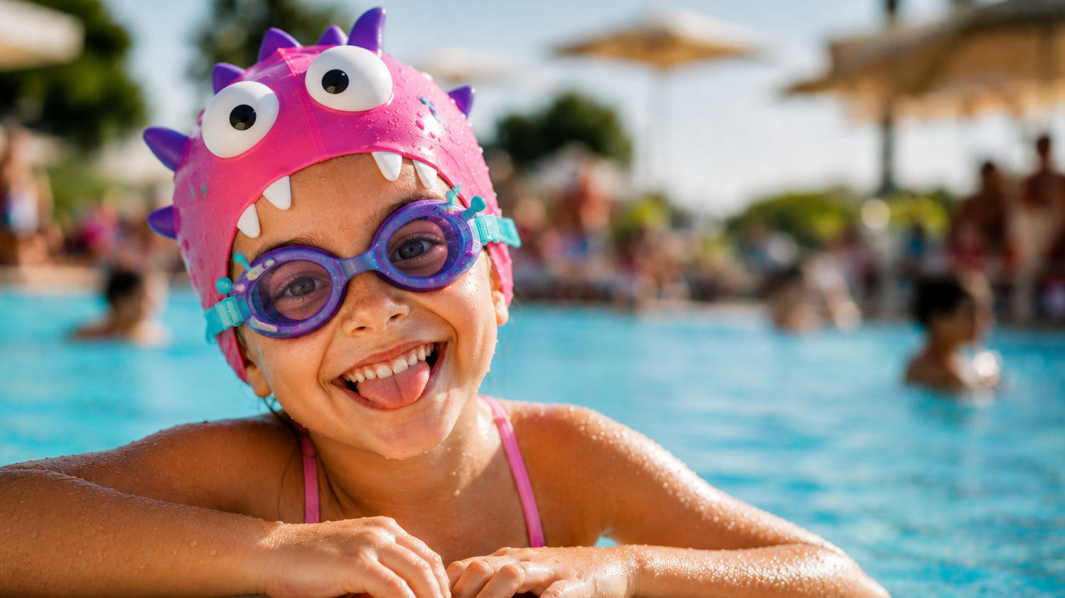 bambina buffa sorridente a bordo piscina