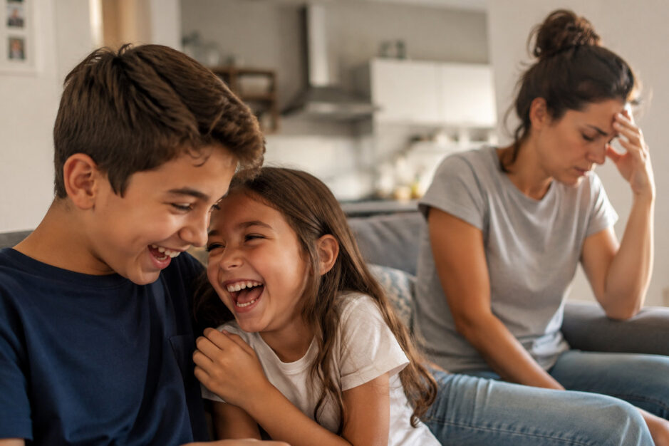Fratelli che ridono insieme mentre mamma [ sullo sfondo stanca e stressata