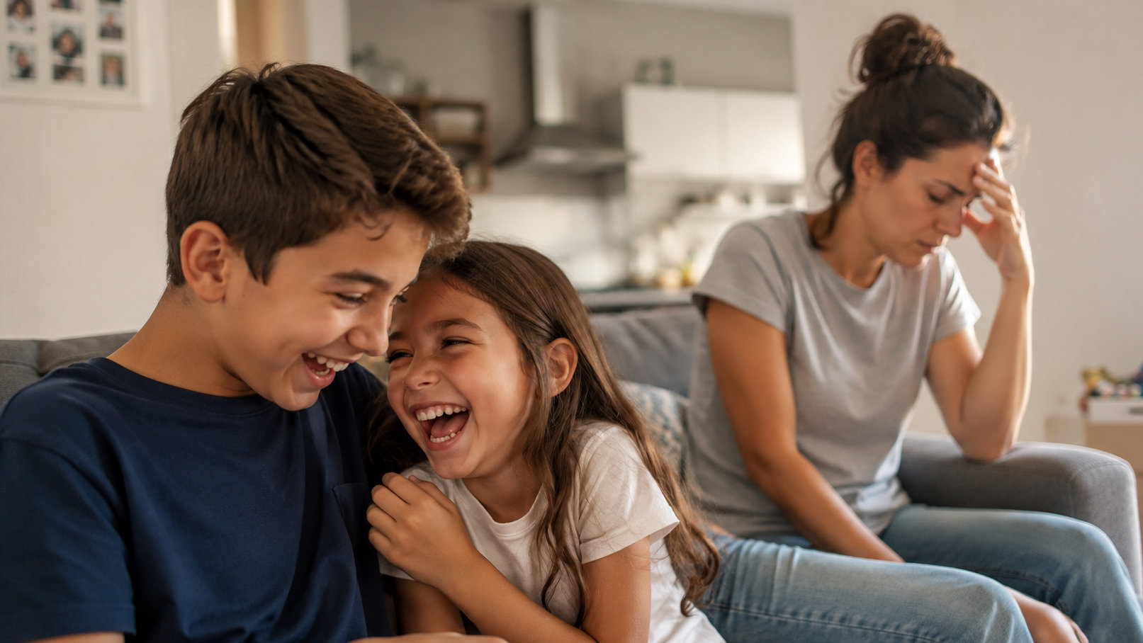 Fratelli che ridono insieme mentre mamma [ sullo sfondo stanca e stressata