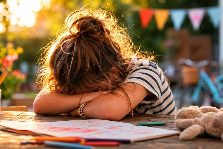 Bambina che posa la testa sulla scrivania in disperazione