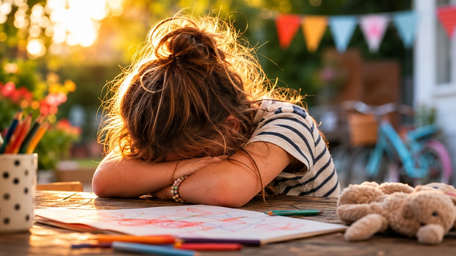 Bambina che posa la testa sulla scrivania in disperazione