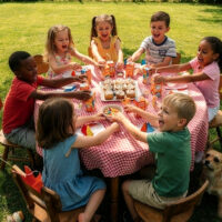 Bambini che festeggiano in compleanno attorno ad un tavolo