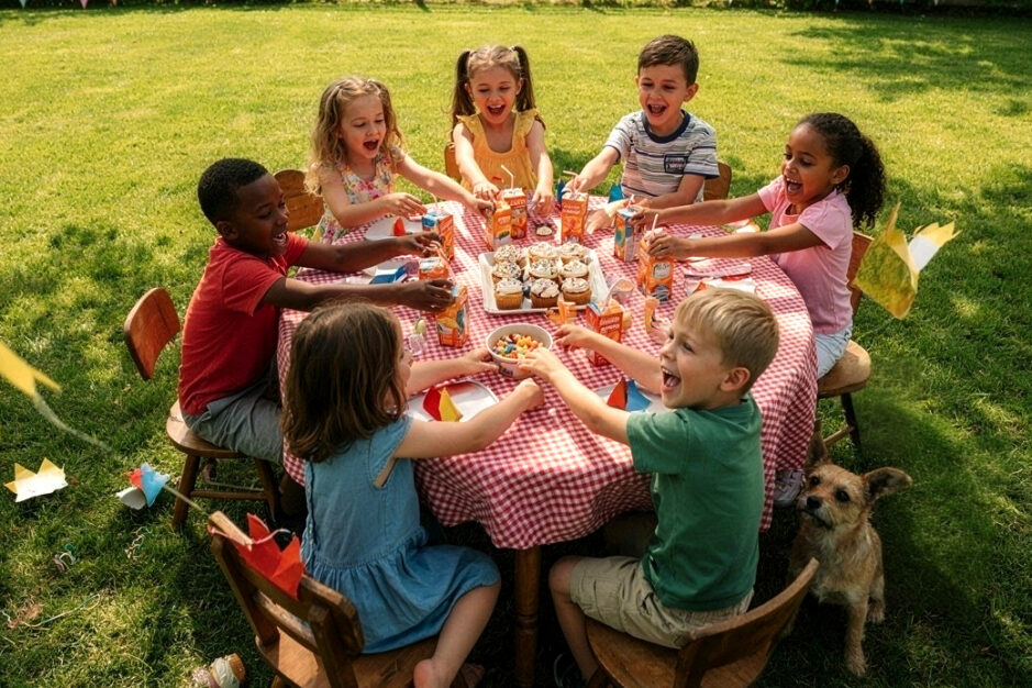 Bambini che festeggiano in compleanno attorno ad un tavolo