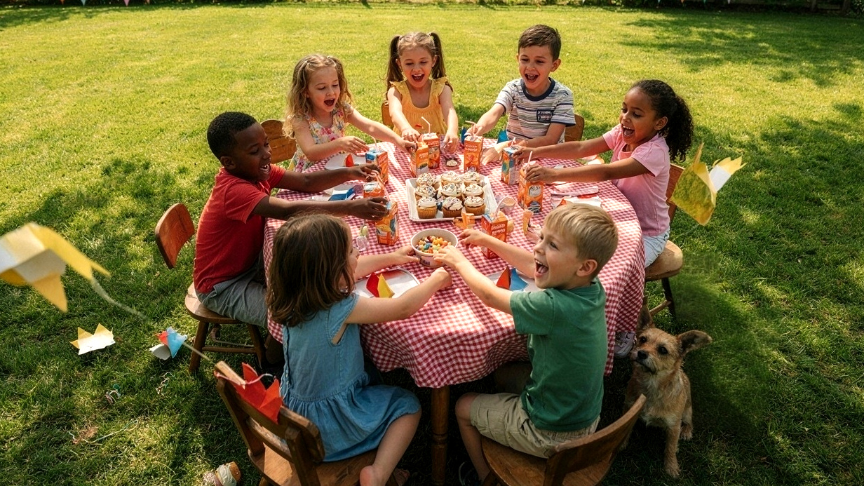 Bambini che festeggiano in compleanno attorno ad un tavolo