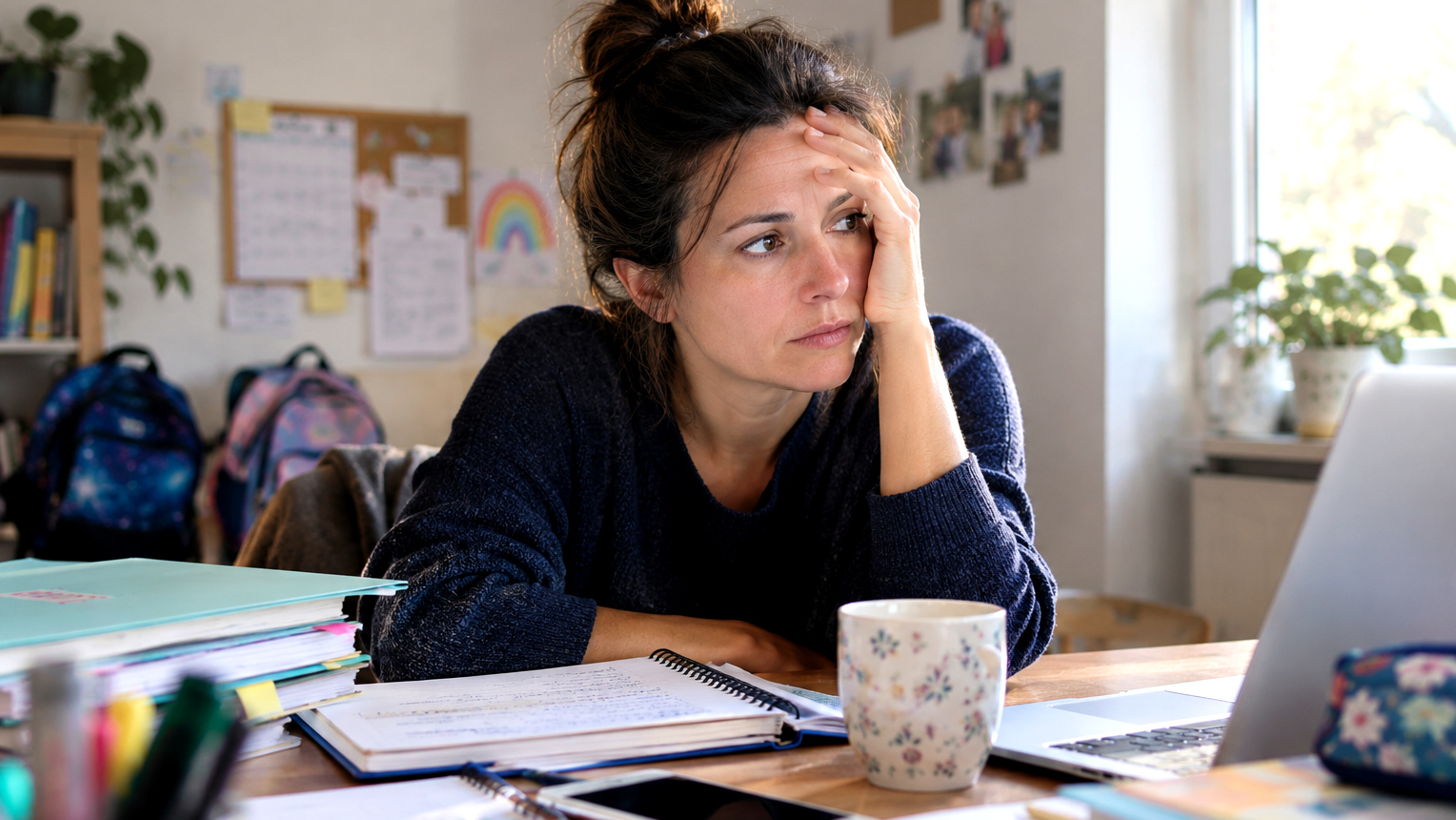 mamma al computer con sguardo ansioso e preoccupato