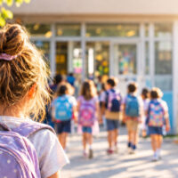 Bambina che guarda altri bambini entrare a scuola
