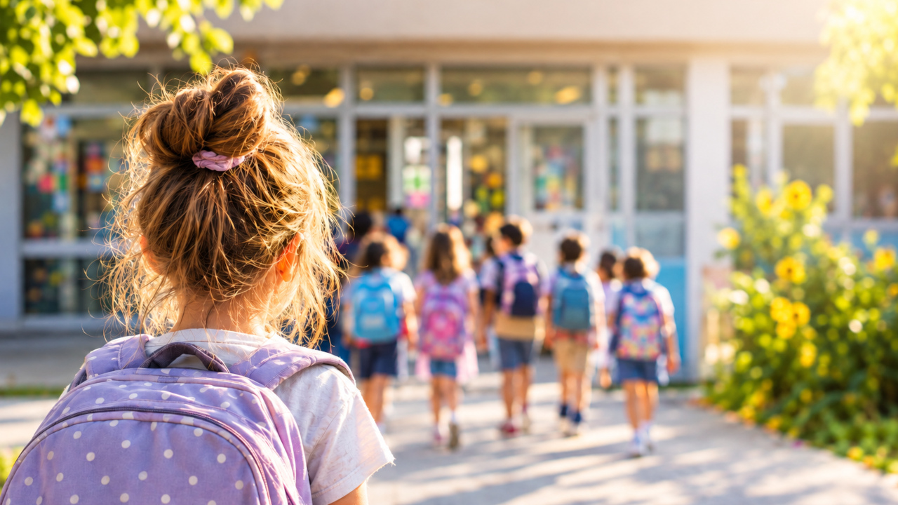 Bambina che guarda altri bambini entrare a scuola